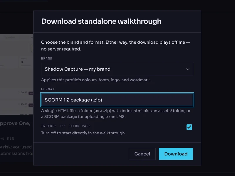 The download dialog with a brand profile chosen and SCORM 1.2 selected.