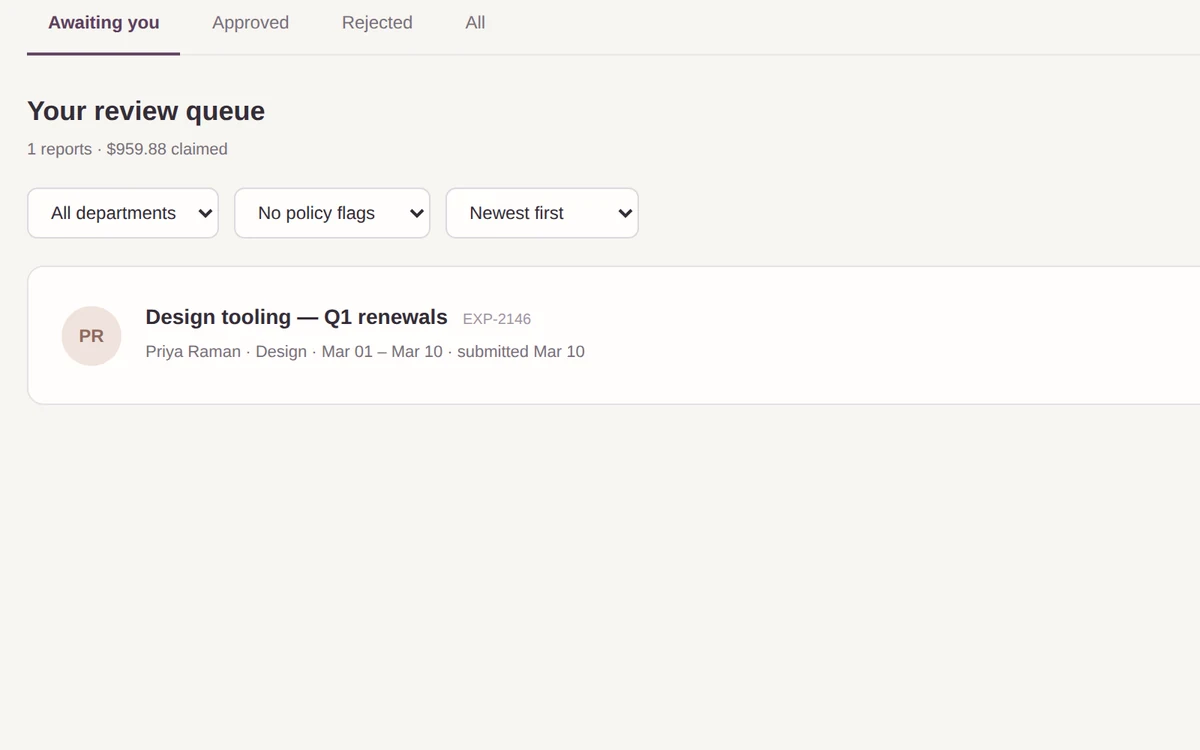 The recorded expense review queue in the example walkthrough.